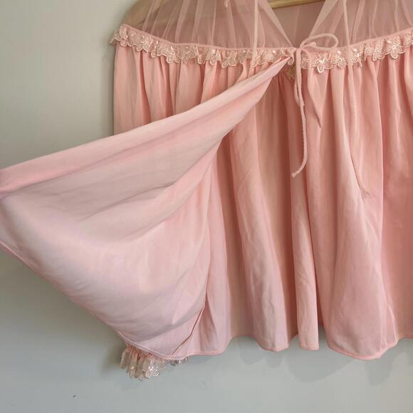 Vintage 80s Creation Model Intimates Cropped Sheer Pink Baby Doll Top Bow Pale - Picture 11 of 13